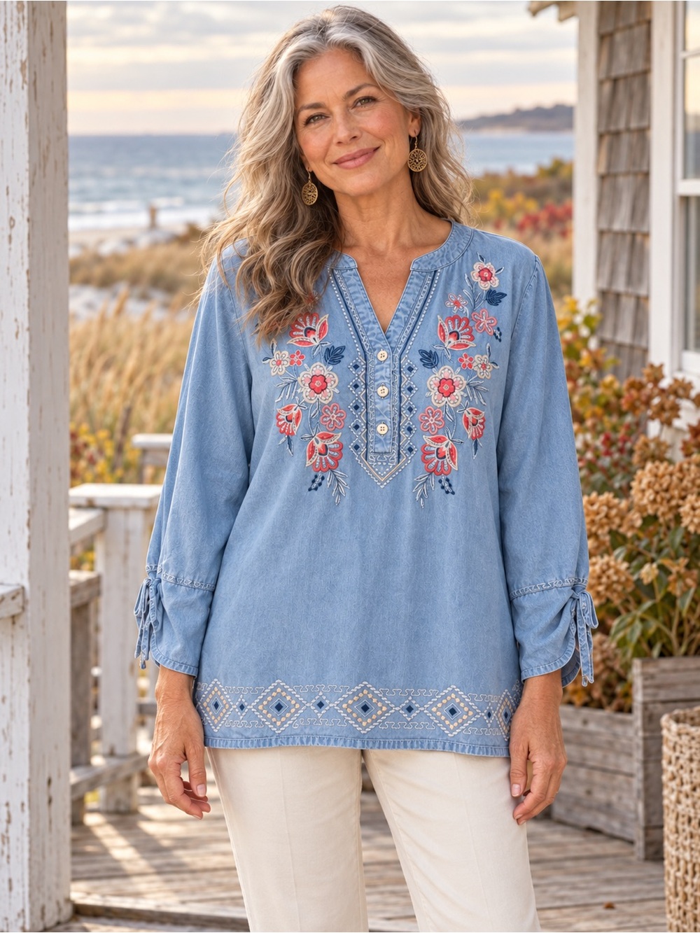 Alfred Dunner Austin Floral Embroidered Tencel Tunic Blue Size S Boho